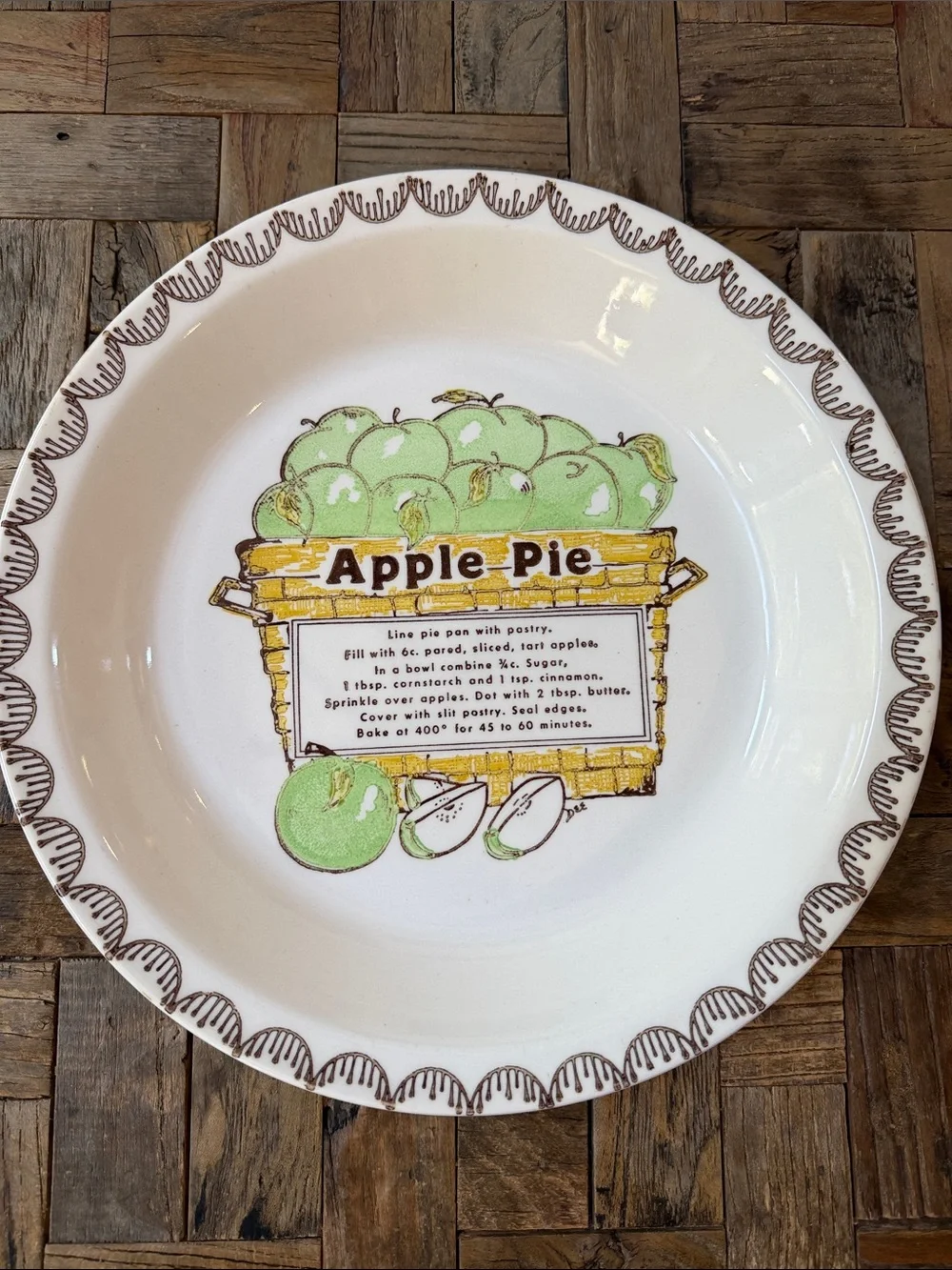 Vintage Ceramic Apple Pie Recipe Serving Pie Plate in Cream and Green